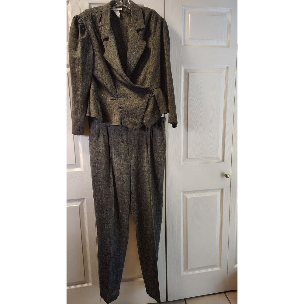 VTG Jodi Michaels 2 Piece Pantsuit Size 20 Grey Tweed Linen Look Blazer Pants